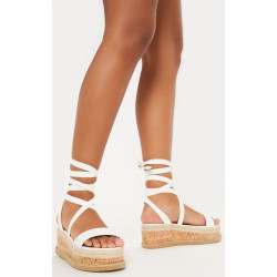 Ladies white Flatform Cork Espadrille Wedge Sandals Ankle Lace Up
