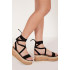 Ladies black Flatform Cork Espadrille Wedge Sandals Ankle Lace Up